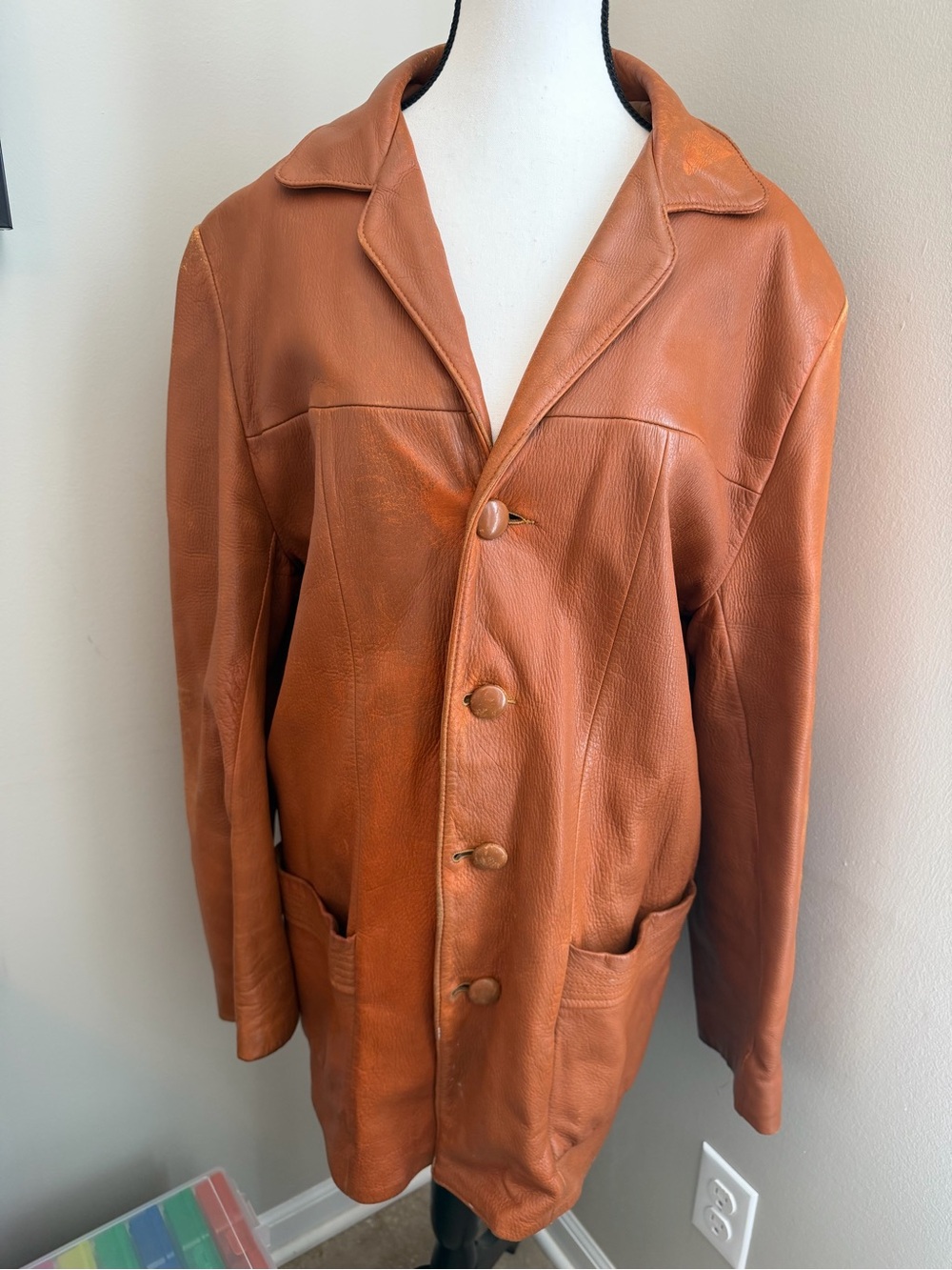 Vintage Leather Car Coat Women XL‎ Cognac Brown Long Jacket Heide Kidd USA